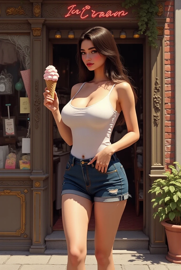 beautiful Brazilian woman, seductive eyes, full figure, perky , ice cream licking, sensuous lingerie, sultry mood. --auto