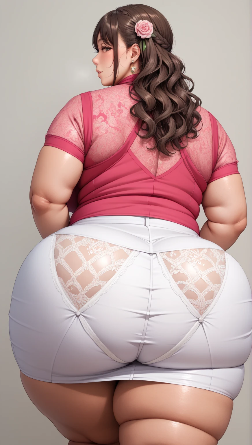 A close-up photo from behind of the most beautiful fat and extremely plump girl, her body is huge and gigantic, she is white, her hips and thighs are wide and large, she is turning around and smiling, her clothes are tight... her face is charming and extremely beautiful, words fail to describe its beauty, she is in the bedroom