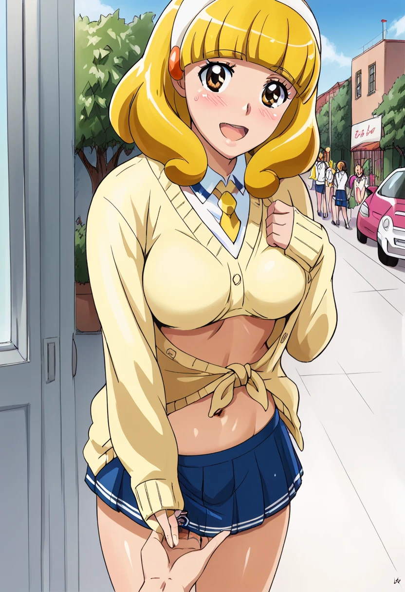 , アニメ, Petite little small junior body, Small breasts, Small breasts, Small breasts, topless, topless, topless, Nipples are visible, Nipples are visible, Nipples are visible, Large nipples, Kasugano Urara, blonde hair, twintails, pink scrunchie, brown eyes,
, purple jacket, cropped jacket, red bowtie, blue dress, short dress, pleated dress,  little small junior body, Small breasts, Small breasts, Small breasts, topless, topless, topless, Nipples are visible, Nipples are visible, Nipples are visible, Large nipples,