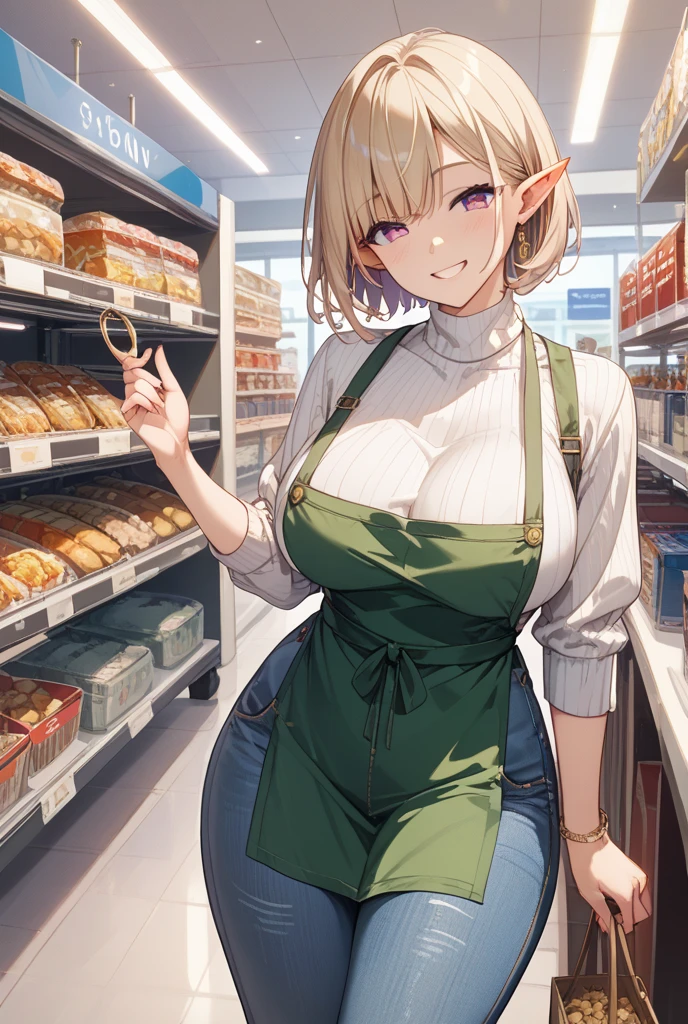 1girl, short hair, yellow hair, yellow eyes, ahoge, breasts, thighs, curvy, cleavage, breast milk latte, green apron, meme, naked apron, thigh highs, holding clipboard, frown, looking at viewer, <lora:breast_milk_latte:0.7>, cashier desk, bangs, crotch, <lora:DarkCabalChibiStyle:1>, from behind, huge ass,
