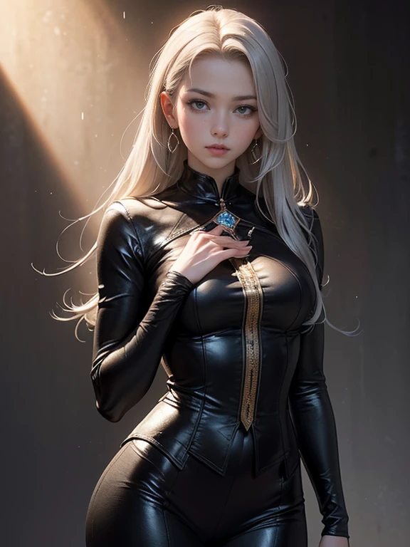 (front pin), (in the dark:1.6), surrealist woman portrait, upper body photo、fantasy art, photo-realistic, dynamic lighting, art station, poster, volume lighting, highly detailed face, 4k, Award history, 1 girl, in the dark, deep shadow, discreet key, cowboy shot, (official attire:1.4), long hair, gray hair、(anatomically correct)、(perfect body proportions)、 ((perfect hands))、 (((perfect fingers)))、(oily skin:1.5)、