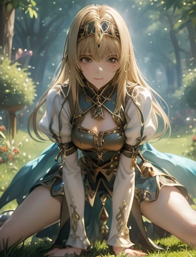(angry expression), ( frown ) work of art, ultra creative, epic details, ultra detaild, best resolution, Woman, archer, blonde, (Beautiful nymph), ( robust wreath of leaves and pink and blue flowers), sculptural body, (brown clothes made of leather), ((perfect hands))), scenario:Enchanted Forest), no mistakes, (((epic details na face))), (((ultra perfect eyes)))