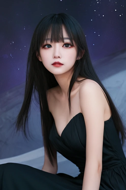 tohsaka rin, black hair, long hair, two side up, green eyes, close shot, from below, thick thighs, standing, moon,