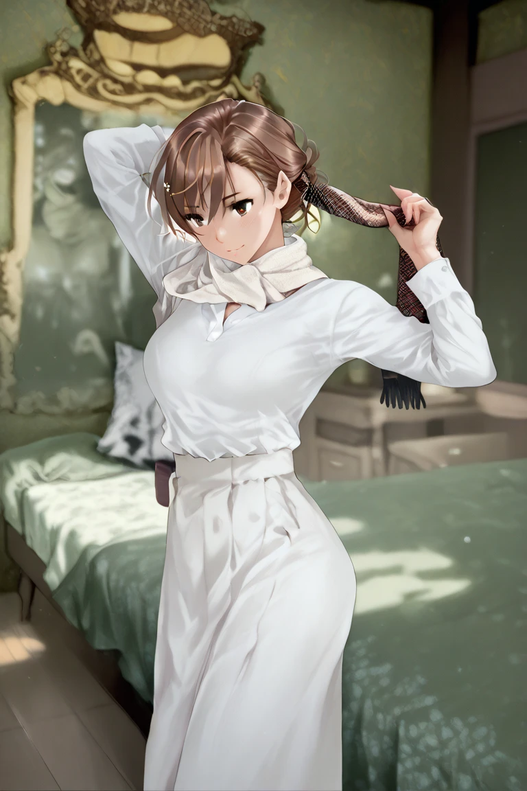 masterpiece), best quality, high resolution Mikoto Misaka  Character1girl bob cut medium hair standing alone cowl headband profile image looking at viewer beautiful eyes beautiful face extremely detailed