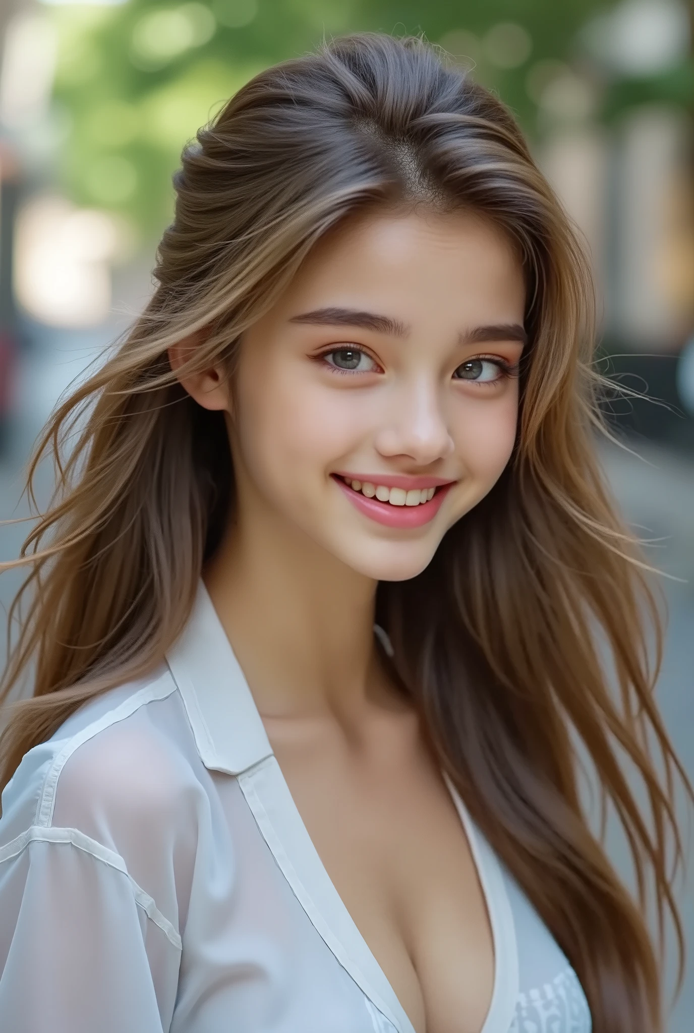 realistic photograph, 1woman, 23-year-old, light eyes and shoulder-length brown hair, illuminated by the dawn light, shy smile, while she looks at the camera with an innocent look, high quality, high details, an extremely beautiful, 