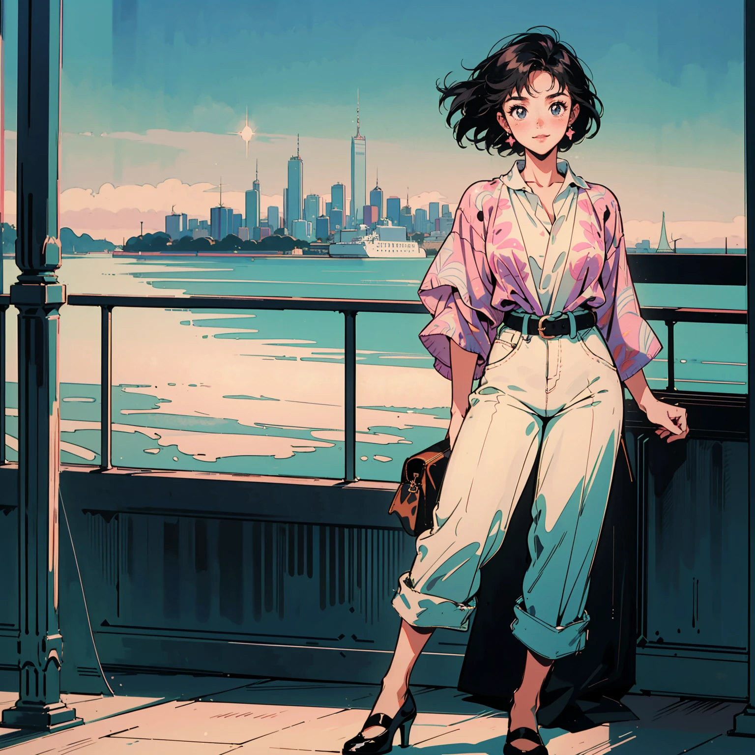 Best image quality, 1980s style animation, 21 year old girl, black hair, Permed hair, bright eyes, Pretty Eyes, eye line, retro, Summer Clothes, whole body , city , evening in the park, posing, So sexy, so pretty.