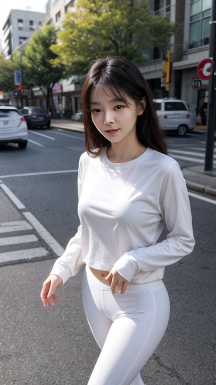 RAW, Best quality, high resolution, work: 1.3), Beautiful Japanese girl, Stunning Japanese girl,Highly detailed CG Unity 8k wallpaper, top quality, super detailed, masterpiece, realistic, photorealistic, highly detailed cute girl, fit body girl, schoolyard detailed,sweaty skin, blush, parted lips, round eyes, bun_head , ((erect, emerge, streak)), waist shot, (( thighs gap, protruding buttock)), ((wearing white long sleeve shirt)), ((wearing grey leggings)), cute face detailed, Walking, in schoolyard, fat arms, spread your legs, cameltoe, waist shot, looking seductively, smile, fat abs, (full body shot), pink shoes, body lighting