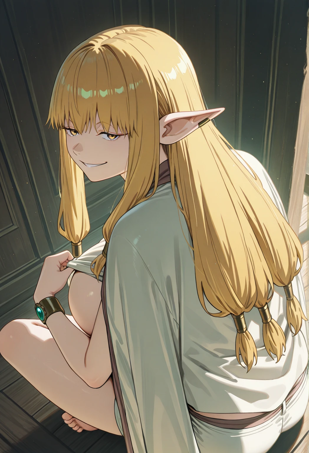 1girl, serie, solo, blonde hair, yellow eyes, pointy ears, elf, half-closed eyes, BREAK
bare shoulders, jewelry, necklace, off shoulder, white dress,
closed mouth, collarbone, head rest, looking at viewer, portrait, ass up, arm support, hand on own face, BREAK
brown background, BREAK
score_9, score_8_up, score_7_up, score_6_up, score_5_up, score_4_up, anime