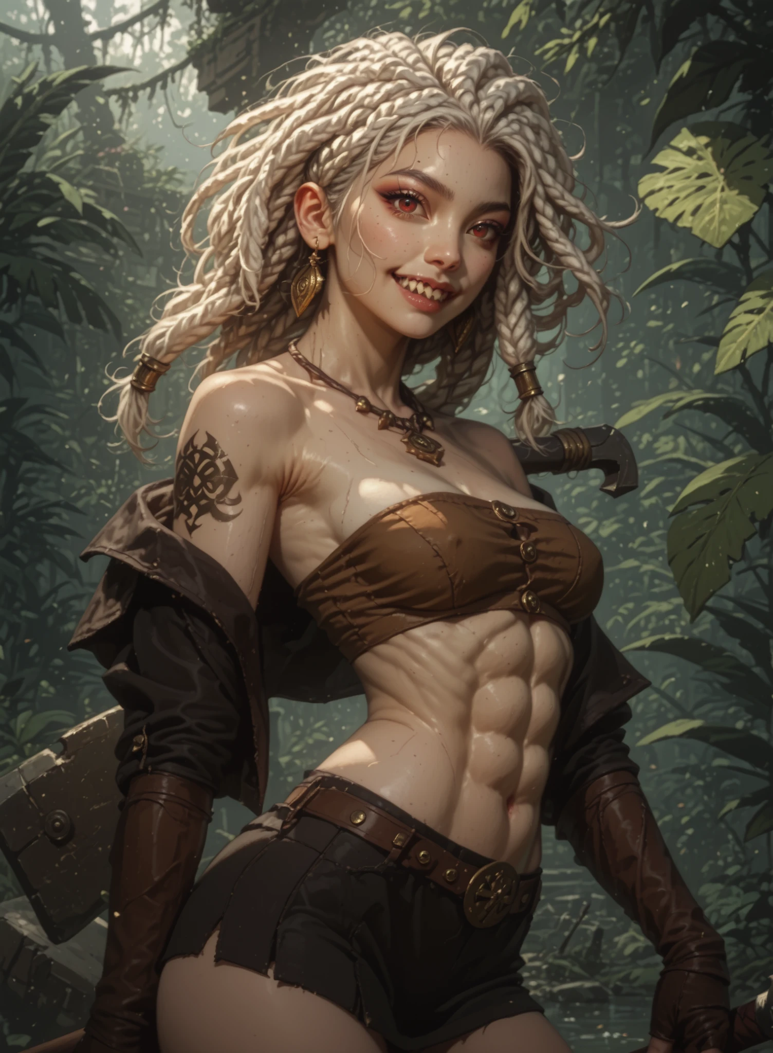 Slender body. White skin. Cute 18-year-old Asian girl with Asian red eyes and sharp teeth and dreadlocks with white highlights. She has a cute and beautiful face. She has a round and young face with a pointy chin. Her body is athletic with abs. She wears medieval an intricate medieval leather clothing with buttons. Background: medieval jungle ruins. Realistic lighting. DnD art-style. Looking at the viewer. A massive metal cleaver on her back.