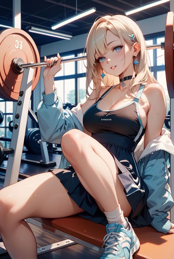 In 8K、Highest quality、masterpiece、Ultra-detailed、Ultra-high resolution、((1 person))、and、White tank top、Blonde、compensate、On all fours、Cleavage、Front view、Gym