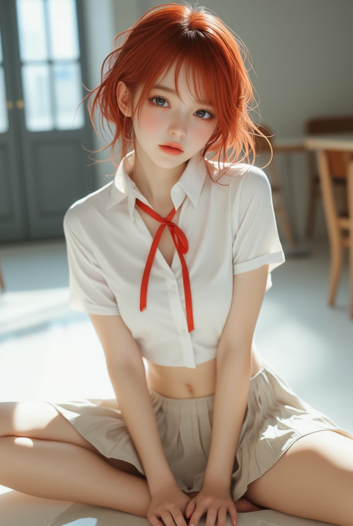 Girl who looks like 11 has a very short black skirt on her mom can see half of her butt cheeks she shows her butt to the camera and leaned slightly forward and I can see her panties she is shy and looks at me she has red hair 