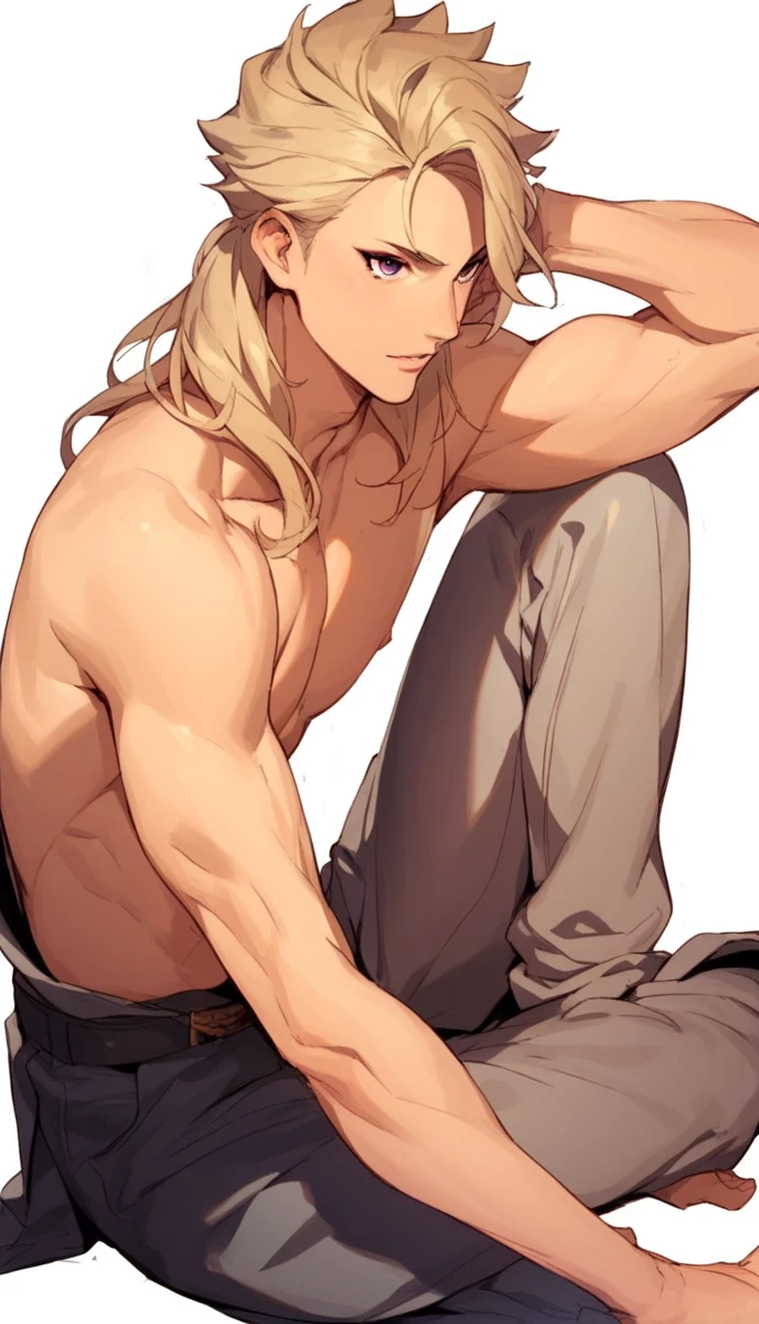 One Man,Beautiful young man with blond hair and dark skin,boy, 20-year-old, Yellow Eyes, length, Silky Hair,A red horn grows from one of its heads..,Wearing traditional Korean clothing,She has her bangs down,masculine body,Aim for the top of the tower