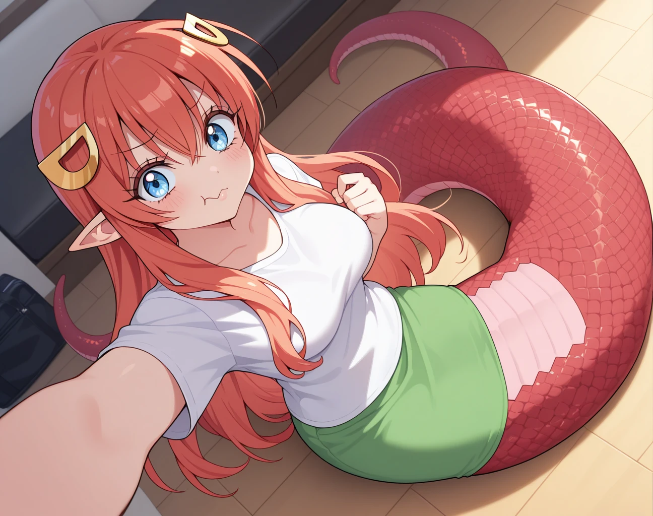 score_9,score_8_up,score_7_up, source_cartoon, source_furry, dragon girl, dragon tail, white dragon horns, brown hair, spiky bangs, long dreadlocks ponytail, dreadlocks side hair, blush, looking at viewer, animal nose, 1girl, pointy ears, furry female, two tone body fur, lime body fur, clear lime body fur, medium breasts, ((red headscarf on head, white shirt, open clothes, dark red fringed triangle bikini)), blue eyes, blush, :3, navel, skinny, full body, feets with three toes, 3 toes, ((dakimakura, laying on bed)),