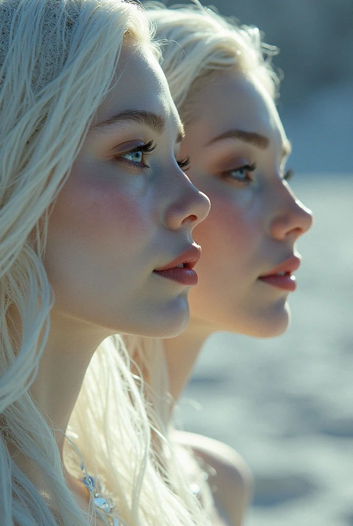 Beautiful biracial latina woman light blue eyesand long light blue hair with large breast close to beautiful white woman light blue eyes and blond hair with large breast,cuddle and caress, wear elegant white dress, into middle of war battlefield, soldier around, explosion and fire around, chaos,Résolution Haute, Grand angle, detailed dress, detailed hair