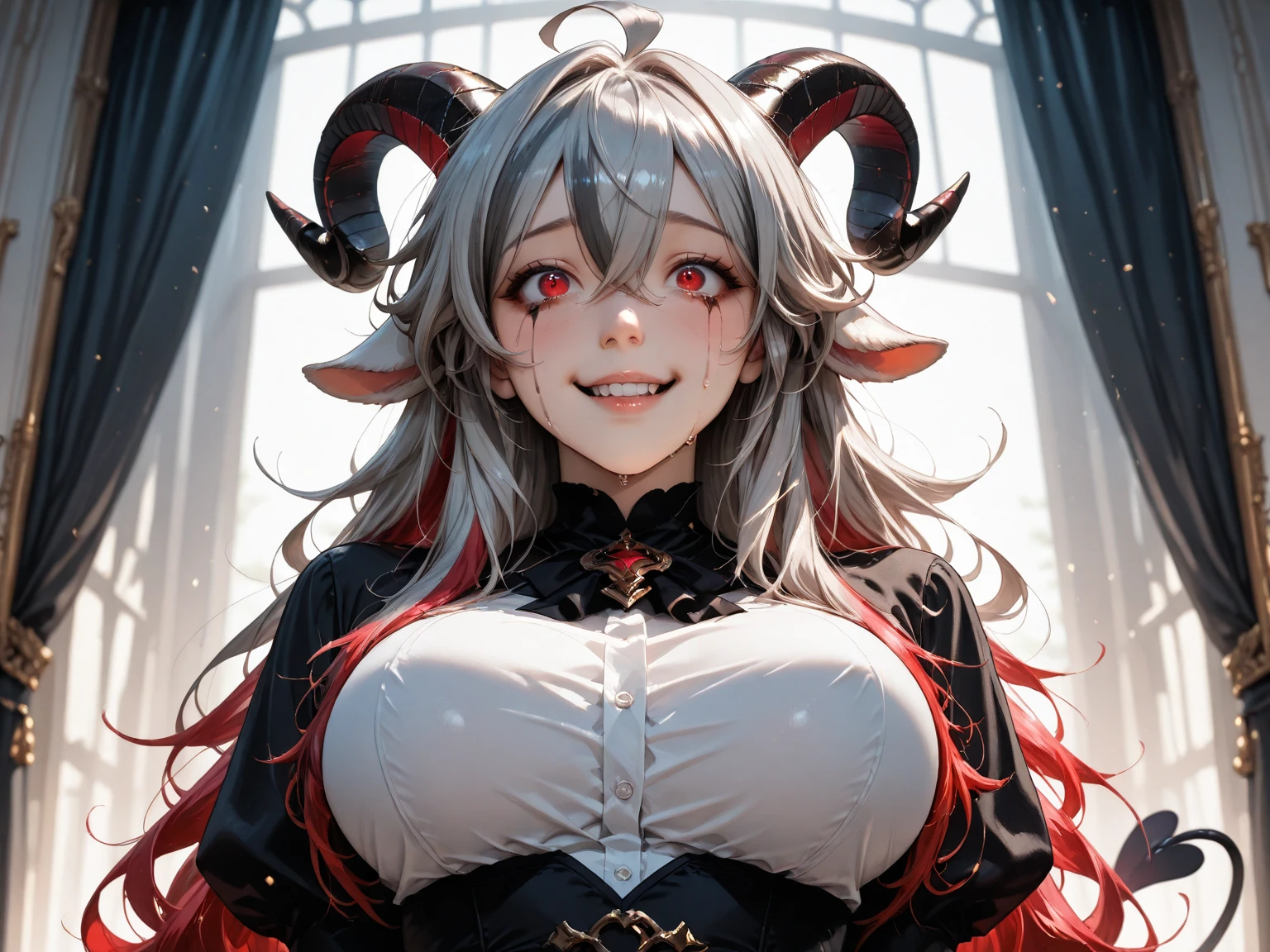 Titty fuck　Large Breasts　Devil horns　ステーキを焼いている