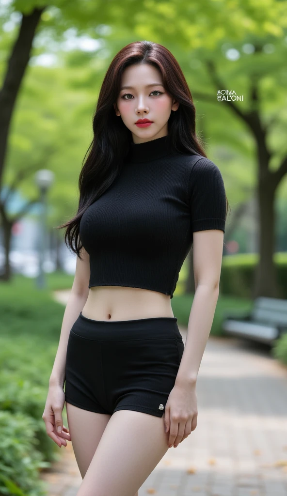 Beautiful Girl, Korean makeup, Red lips, smile lightly, Perfect body, big breasts, thigh, short shirt with open belly, lower abdomen, umbilical piercings, tight short shorts, black pants, View of the park,