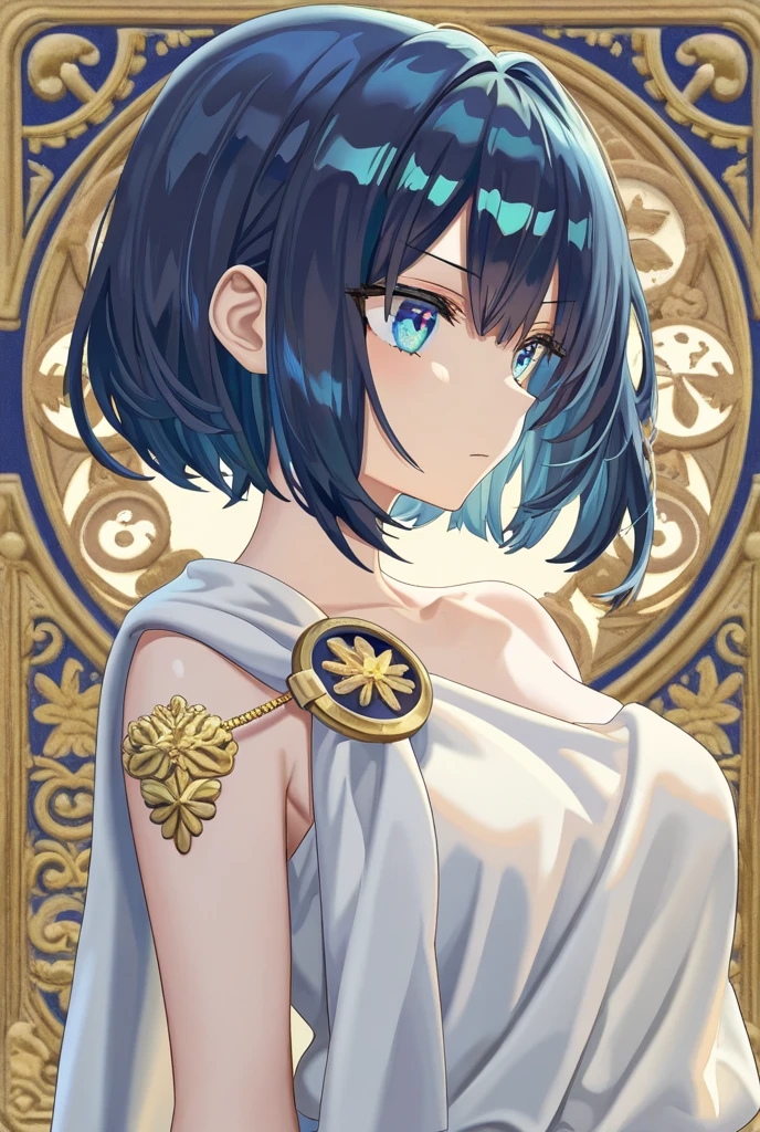 (high qualiy, Breathtaking),(expressive eyes, face perfect) 1 girl, Female, standing alone, grown-up, dark blue hair, white highlights in hair, skin tanned, clear light blue eyes, medium hair length, spiky and fluffy hair, wavy curly hair, black dress with gold details, Tunic, Greek goddess, ancient greek dress, greek clothing, symmetrical eyes, portraite, halfbody, positive expression, fundo cinza, chic, mellow, comely, soft smiling, hair between the eyes, SunsetHuman, collared
