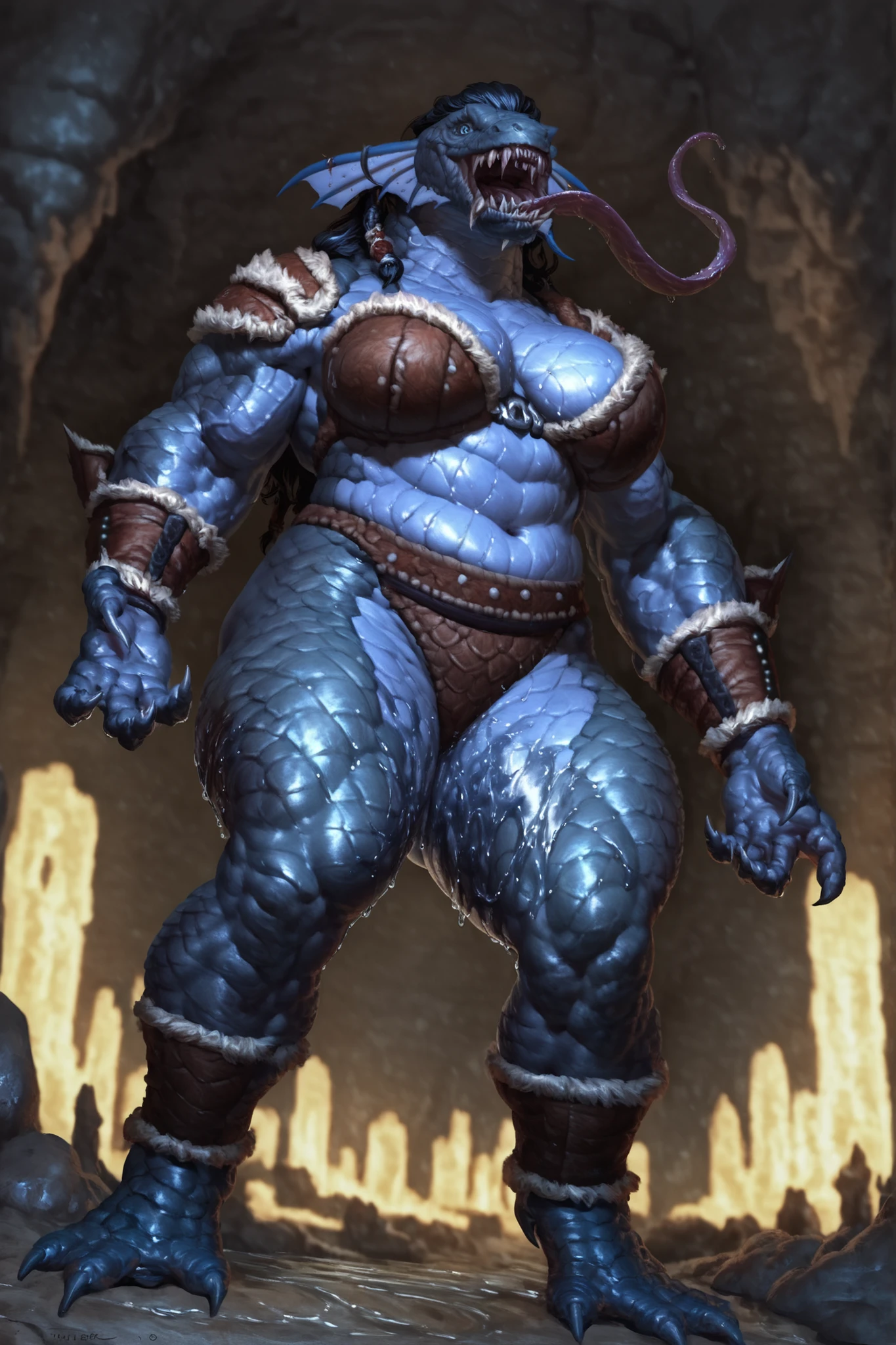 uploaded on e621, undyne, bodybuilder, (hyper muscle), ((huge breasts:1.2)), (broad shoulders, thick arms, thick thighs, chunky, muscular legs, massive breasts), (highly detailed eyes), bare midriff, (nipple outline), large areolae, spiked bracelet, highly detailed crotch, absurd res, highly detailed, cinematic lighting, perfect face, perfect eyes, perfect hands, (carefully drawn hands), masterpiece, best quality, 4k, 2k, shaded, (high detail:1.3), (unreal engine:1.1), by darkgem, by wfa, looking at viewer, amazon, (micro black bikini:1.3), denim shorts, stocky, broad, slit pupil, black eyepatch, huge front teeth, smooth skin, blue skin, beachside,