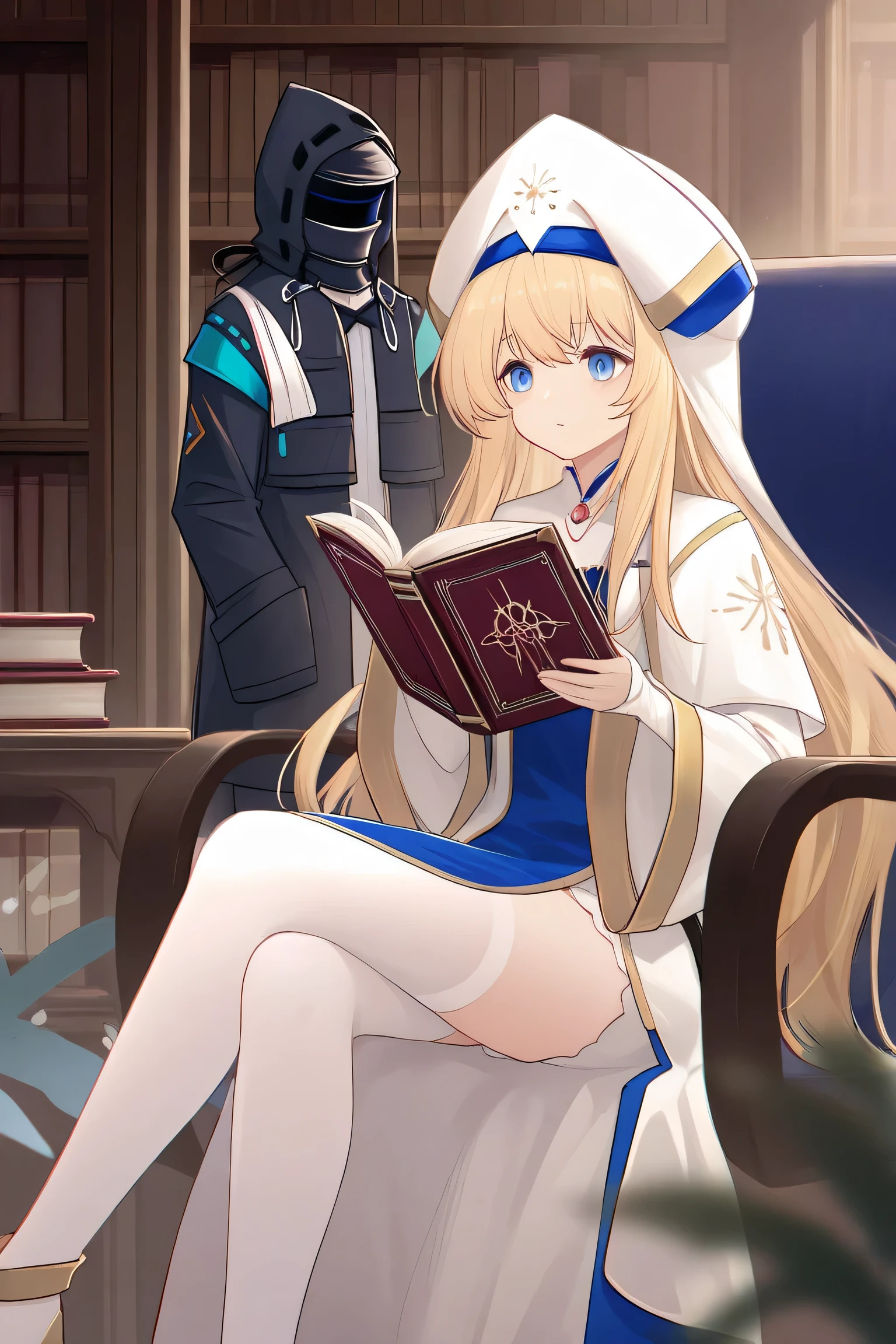 Create a Priestess character from the Arknight game who is in the library reading a book accompanied by a doctor from the Arknight game.