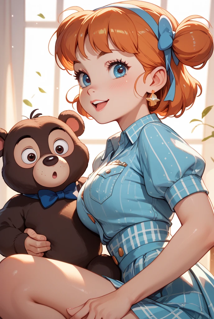 a beautiful woman, brunette, sculptural body, generous cleavage, big ass. She is dressed as a sexy student. She holds a stuffed bear.
