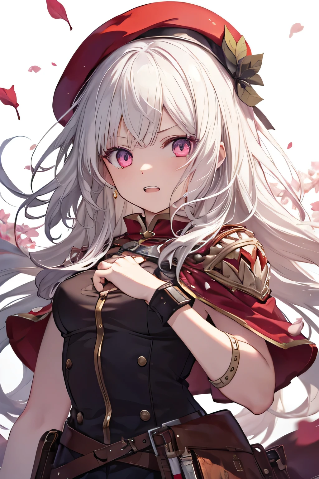 Serious girl, white hair, (showing teeth), standing, fondo RPG, fondo RPG(RPG), complete anatomy, Graphic Effects, height 159 cm ( 5 feet 3 inches ), summoning circle background, red beret, strong breeze , sakura petals and leaves, highly detailed face, Masterpiece, the best quality
