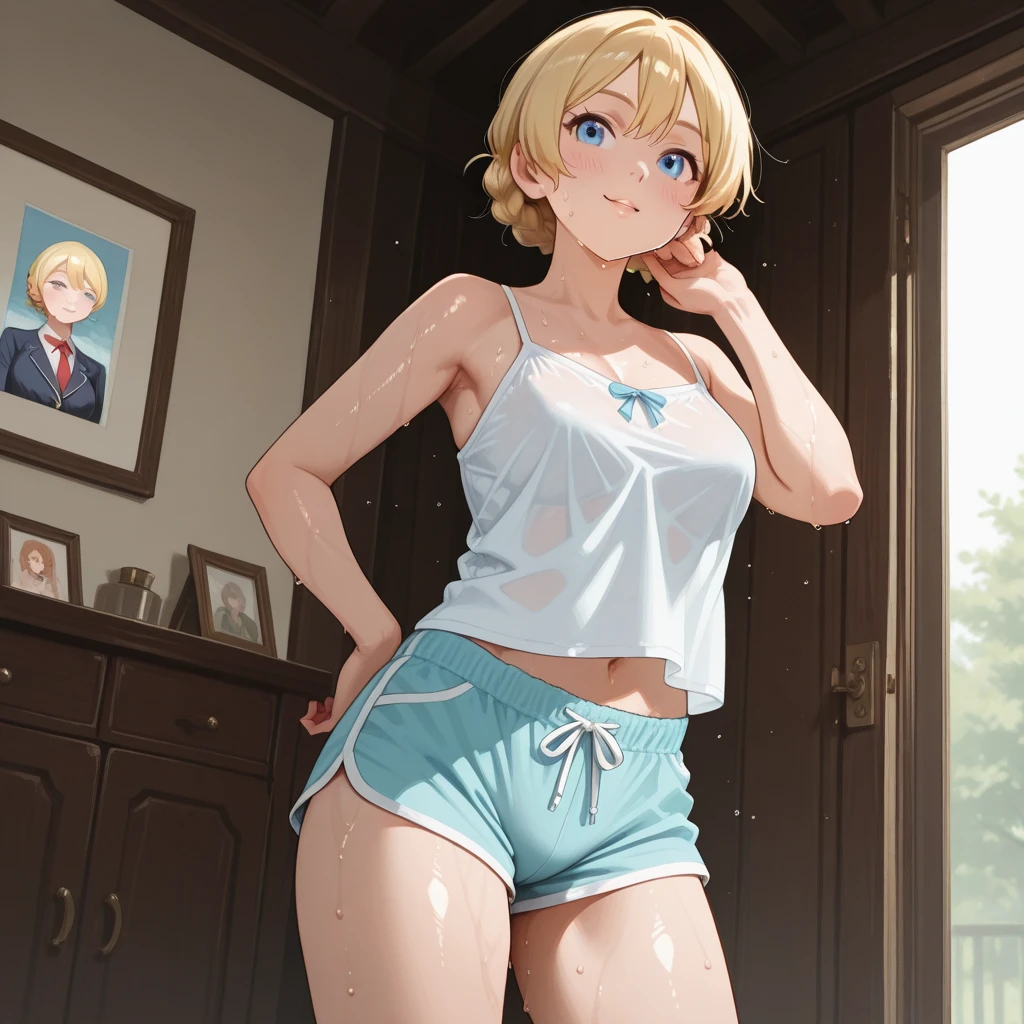 17 years old Women, ((Blonde)), ((Blue eyes)), ((Short hair)), ((Full Body)), doing a yoga pose dressed in underwear and red bra, the shot is wide