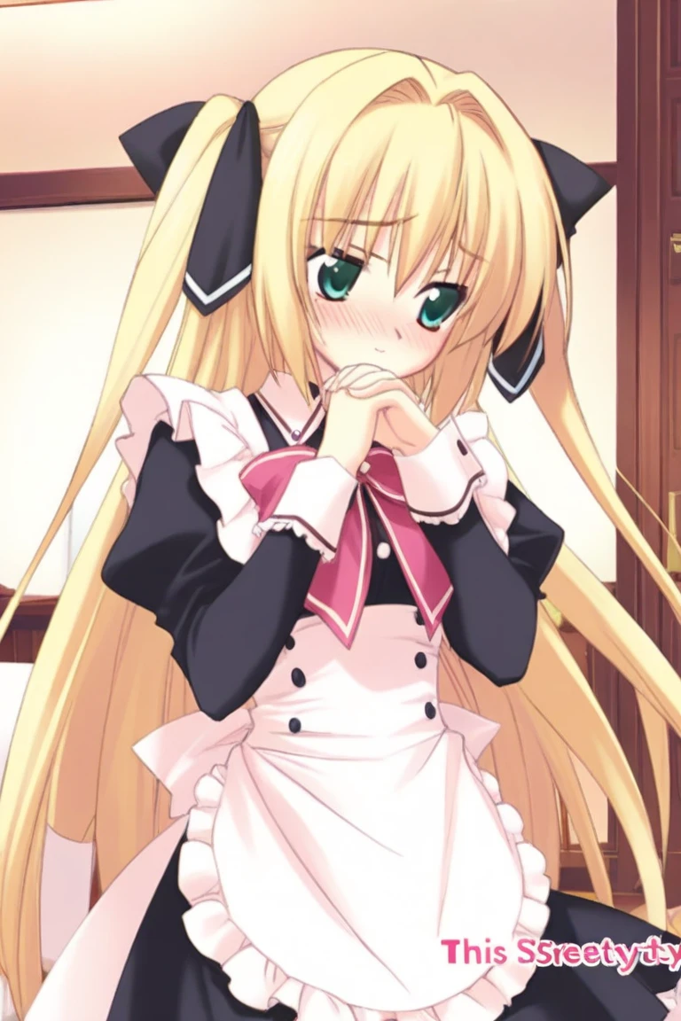 Beautiful long blonde　Girl in black maid outfit　Long sleeve　Shyness　sidefellatio　from side　1boy　1girl