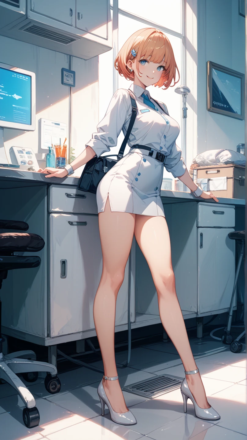 A neat high ponytail,Wearing a grey business dress,White shirt and black high heels。
This combination makes the graceful curves of adults