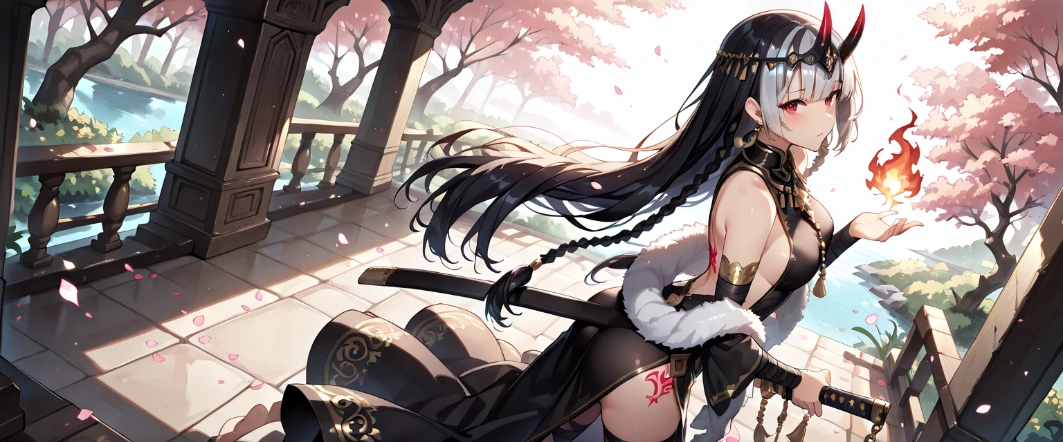 Beautiful girl with long black straight hair and big breasts,Black full-body bodysuit,slim figure,tall,Purple Japanese armor,Thin legs,Straw sandals,warrior,Imperial Palace of Japan