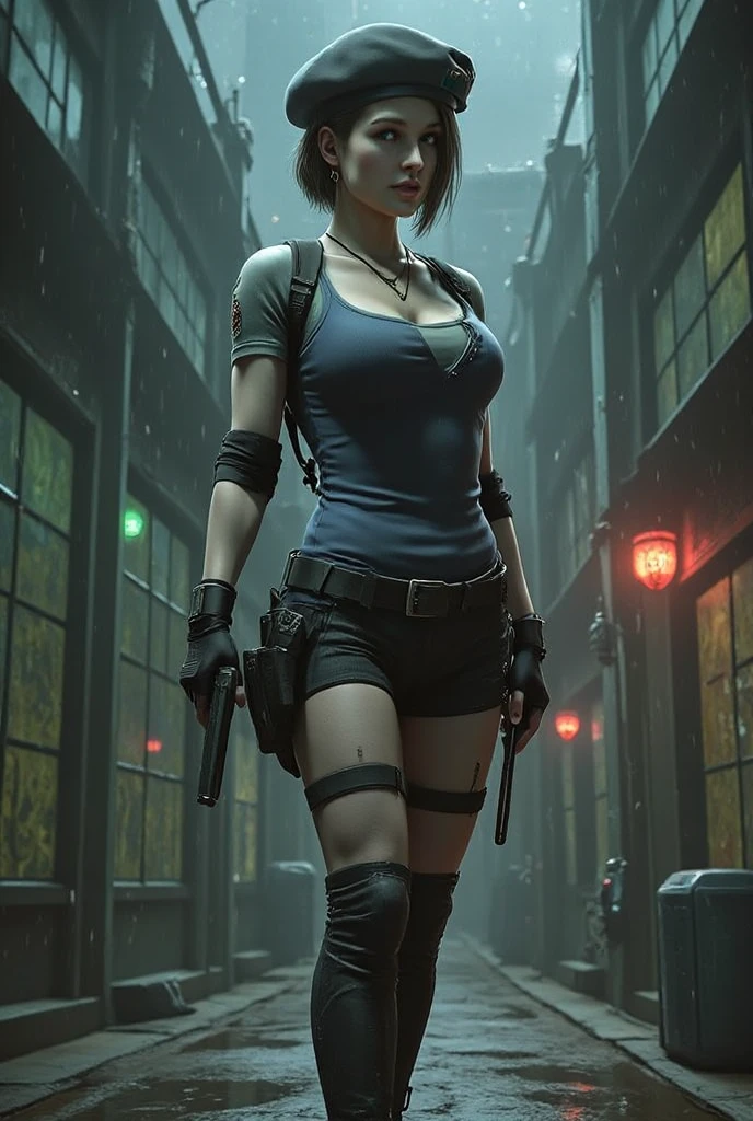 (Resident Evil 4:1.5), (full body photo:1.7), (An elf woman and several zombies in the background:1.5), (she has gigantic breasts:1.9), (She's in Resident Evil 4+Leon's clothes with black T-shirt+brown leather chorte+extremely tight on her body:1.4), (decomposing zombies behind her:1.5), (her walking in a city at night:1.5), (she has short brown hair:1.3), (she has blue eyes:1.3), (she's doing poses+for the viewer+holding an armada), Hyperrealism, 16k, best quality, high details, UHD