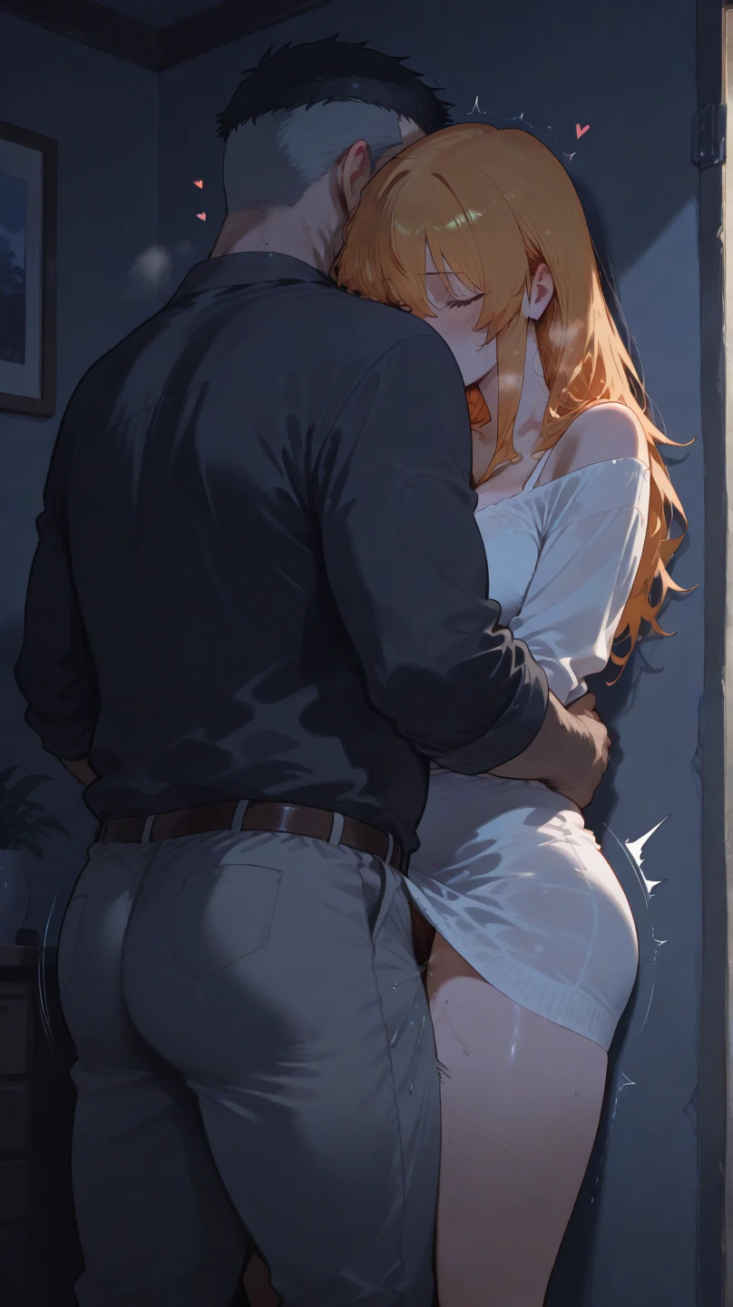 NSFW, a girl kneeling in front of a mans asterpiece, best quality, photo realistic:1.4), (shiny skin), (UHD, 8K wallpaper, High resolution), Perfect anatomy, Cinematic lighting, physically-based rendering, award-winning, extremely detailed skin, extra detailed face, eyes with beautiful details, Carl Zeiss 85 mm F/1.4, (((1girl and 1man, couple, having ))), (a man standing in front of a kneeling woman, grabbing her head), big , girl excited looking at , (girl kneeling in front of a man:1.3), (woman tilting her head up), girl staring at , (1girl: very cute 28-year-old asian girl, (brown wavy semi-long hair, bangs), medium breasts with cleavage, (see through thigh highs), (stockings), (submissive lingarie), (1girl: noseblush and naughty, redhair, eyelushing, one hand touching herself, materbating, in the midnight classroom, (1man: a handsome man and wearing recruit suit, holding her head, standing in front of her, holding her neck), shot from diagonally forward,