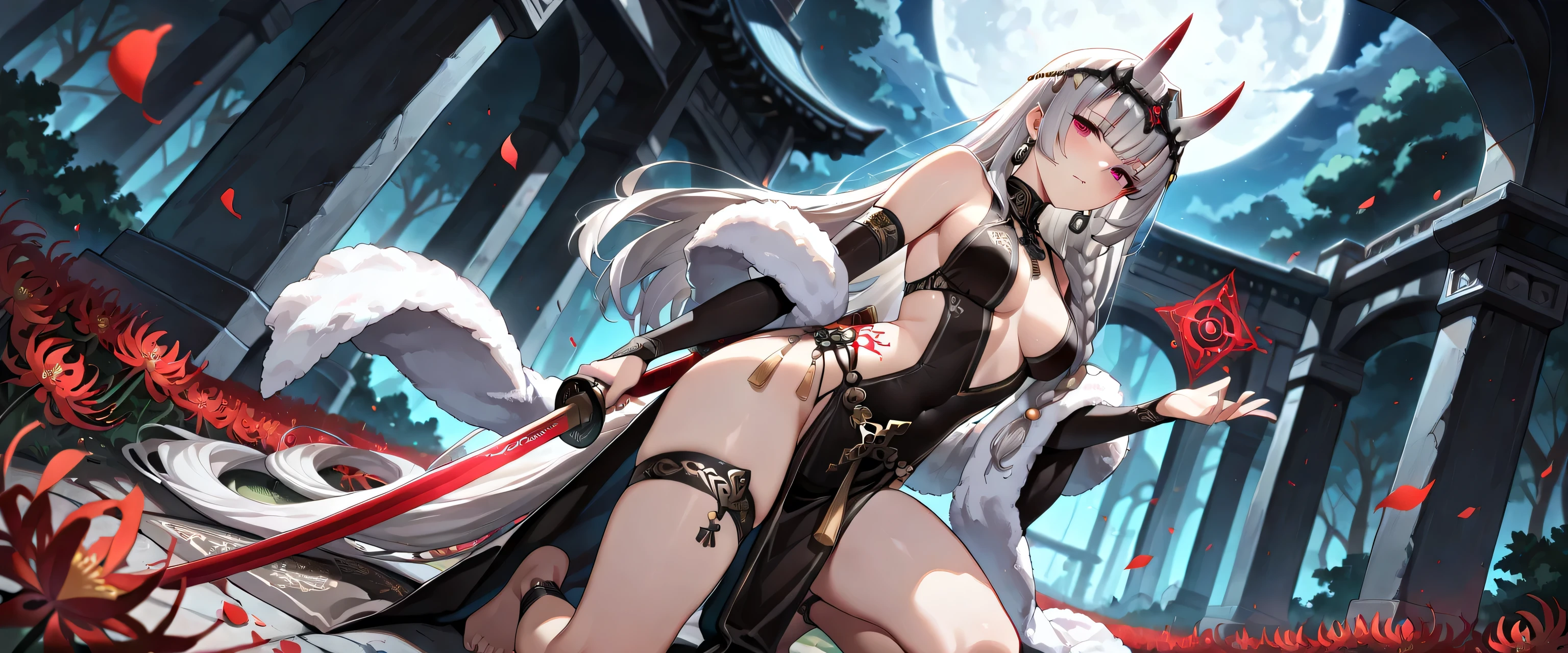 ((masterpiece, best quality, ultra detailed, high resolution, beautiful detailed face, beautiful detailed eyes, perfect hands, 4K)), (1 woman, solo), oni, one cute horn, (medium breasts), (girl with long hair, pony tail hair style,a thin braid arcs gently across both ears and is tied at the back of her head, straight bangs, soft layers, neat around ears and nape, silver platinum hair), ( wear a mustard pink ceremonial robe decorated with colorful embroidery and a fur shawl over one shoulder. Her hair is styled in long braids adorned with yellow beads, and she wears a traditional headpiece with dangling ornaments over her forehead. She has large round earrings and a layered black beaded necklace. She holds a golden prayer wheel in her hand). She is wearing a delicate silver necklace with a small pendant. Her pose is playful and confident, as if caught mid-dance), black bandaged_arm, black bandaged_leg, barefoot, standing , Hold a katana in one hand and a sheath in the other, legs apart, looking at viewer:1.3,eye-level and over-the-shoulder shots, mid eyes level angle, A young woman is drawn in a 3/4 view, facing slightly to the right. Her left eye is fully visible, while the right one is partially hidden due to the angle of her head. Her nose bridges slightly out from the center, and the mouth follows the curve of the jawline, subtly indicating the perspective. a dark mysterious swamp filled with white spider lilies, ethereal mist floating above black water, glowing red petals, melancholic atmosphere, cinematic lighting, fantasy landscape, detailed environment, ornamental black lotus tattoo on mid chest,