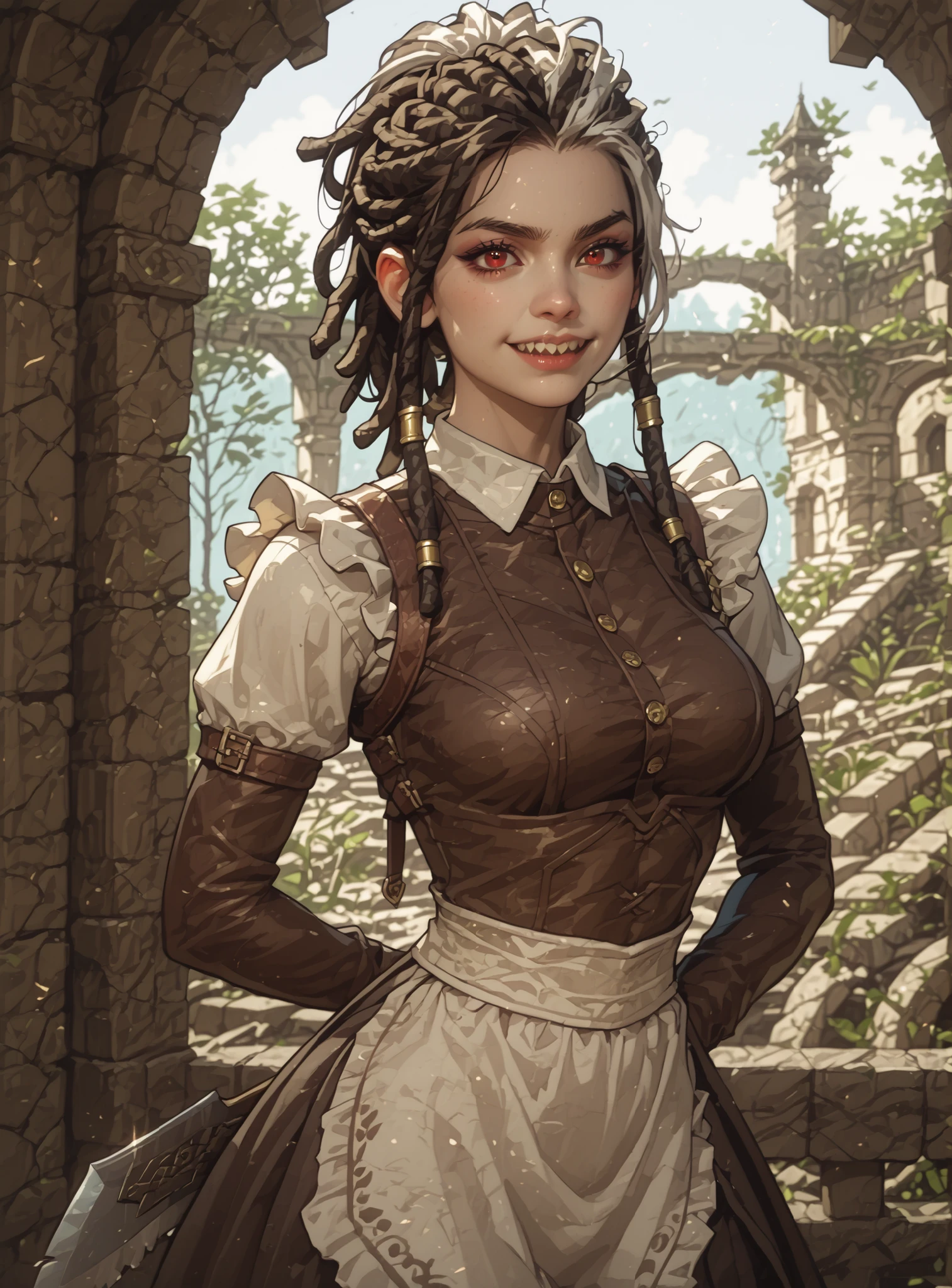 Slender body. White skin. Cute 18-year-old Asian girl with Asian red eyes and sharp teeth and dreadlocks with white highlights. She has a cute and beautiful face. She has a round and young face with a pointy chin. Her body is athletic with abs. She wears medieval an intricate medieval latex clothing with buttons. Background: medieval jungle ruins. Realistic lighting. DnD art-style. Looking at the viewer. Holding a butcher's blade.