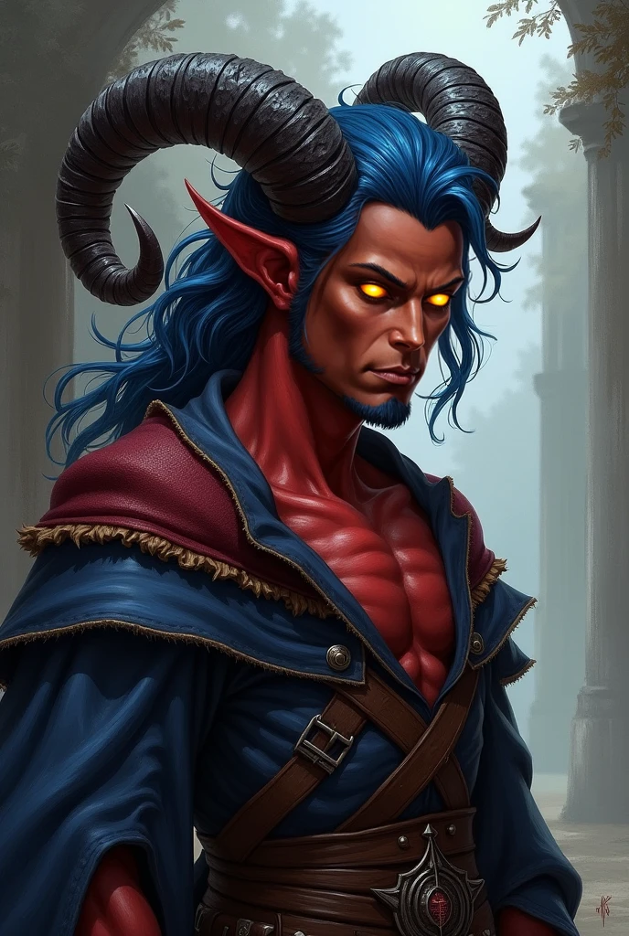 a thin tiefling man with red skin and blue hair, blue eyes