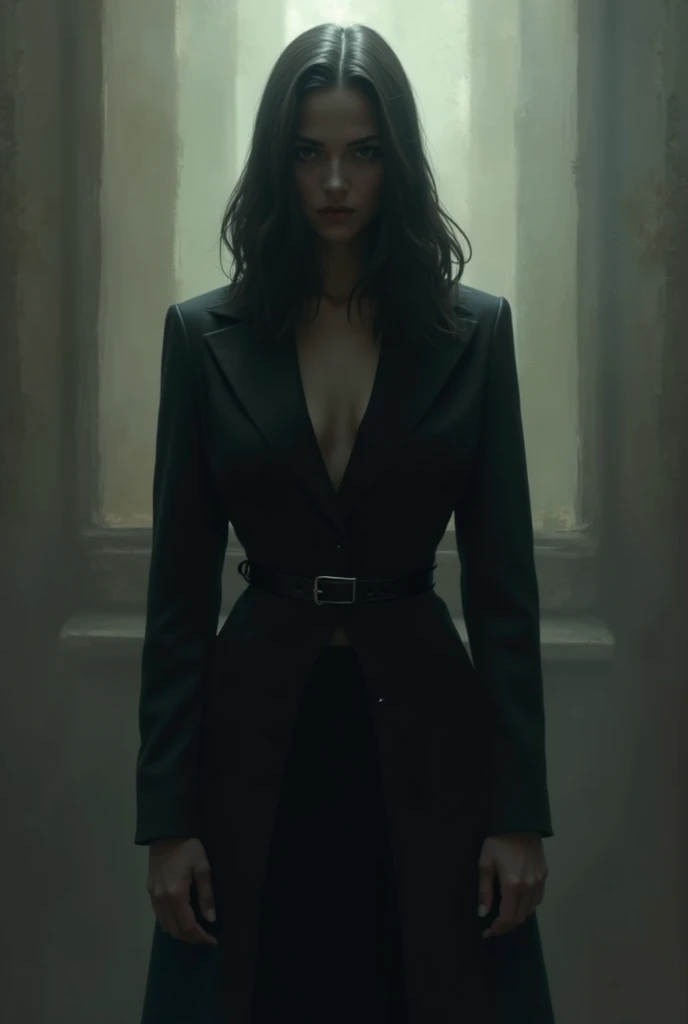 A dark background image with a mafia feel , and a mafia girl with long black hair and gray eyes and dark skin looking at the moon with a gun in her hand while a man in a military suit with blue eyes watches her from a distance so that the image is very realistic