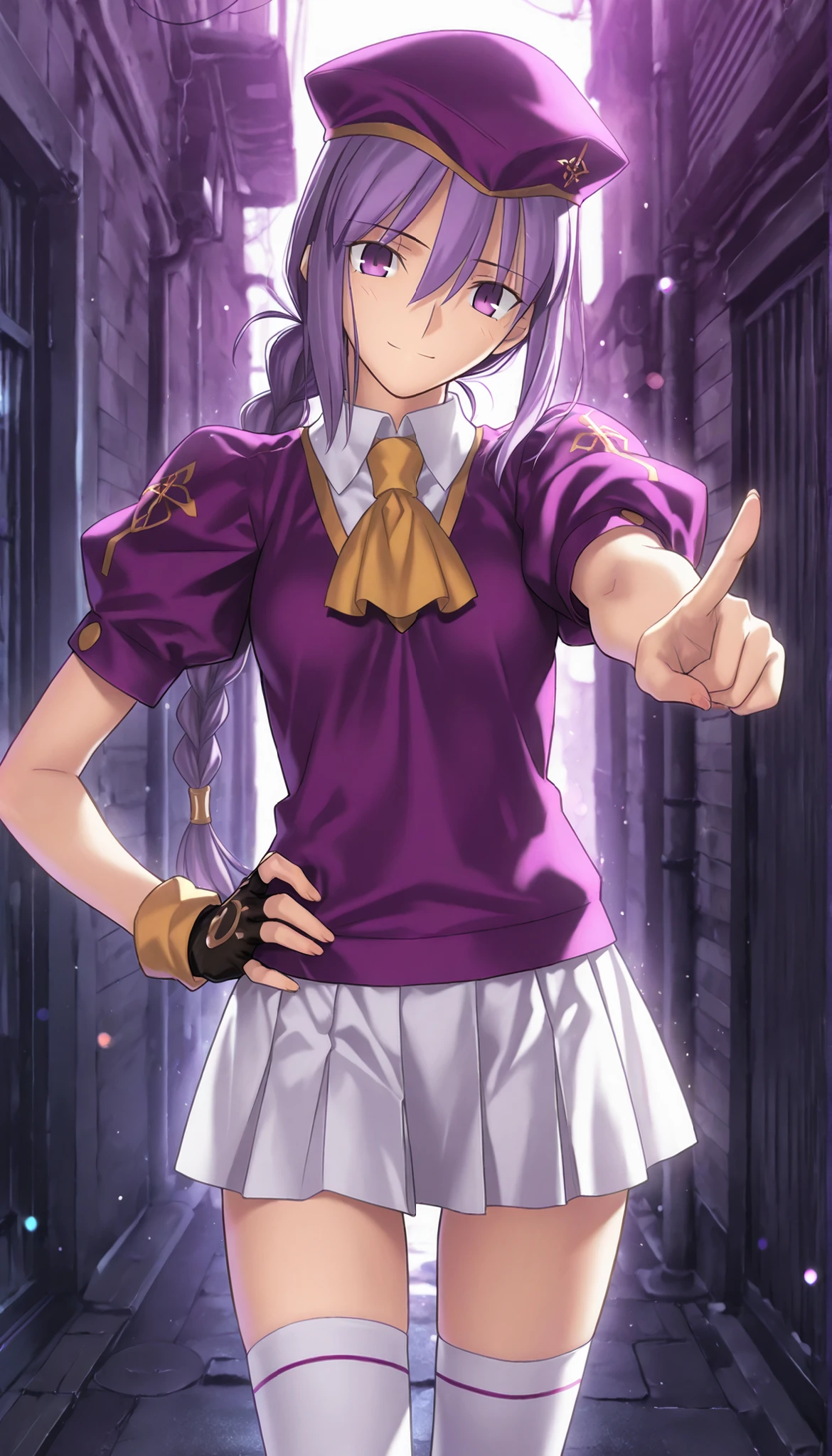 masterpiece, , absurdres, highres, detailed background, high resolution, masterpiece, necessary, detail, best quality, quality, necessary, details, High details, Precise, dark, outdoors,(colorful light particles, powder light, Alley), day lens flare, blurry background,,                                            
                                                                                                                                                                                                                         1girl, Takeuchi Takashi (type-moon,tsukihime) style, takeuchi takashi style, (aged up), (hand on own hip, pointing), , light smile,  
   
girl, (mature, slender body, slim arms, slim bod), (Sion) Eltnum (Atlasia) ,sion eltnam atlasia,(fate), purple hair , purple eyes, half-closed eyes, tsurime, hair between eyes ,long bang, long hair , braided hair , braided ponytail , yellow ribbon , EltnumOutfit ,small breasts, light purple sweater ,puffy short sleeves, collared undershirt , white undershirt , undershirt , yellow ascot ,(short sleeve), ,white skirt ,miniskirt , gold trim ,white thighhighs ,single glove ,fingerless glove, black glove ,dark purple beret, ,((head tilt)), looking at viewer,(small breasts), , 