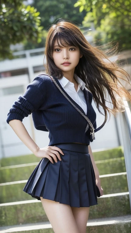 (((Shooting from directly below the front))), top-quality, ​masterpiece, Beautiful schoolgirl, Highly detailed face and skin texture, Detailed eyes, she is sitting on the bed with her legs apart, high school girls uniform, White blouses, Pleated skirt in black color, plump medium bust, medium breasts, Long bun hair, Multicolor Hair, Beautiful hair, watching at viewers, embarrassed red face, I can see the white see-through panties,