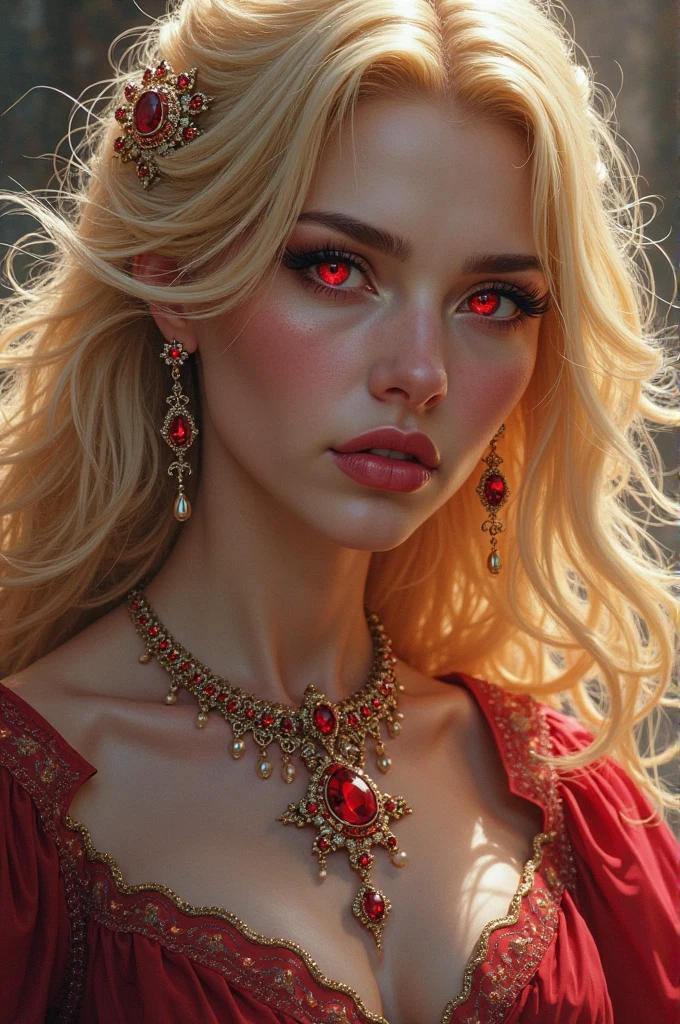 Surrealism, 8k, Award Winning Digital Artwork, ダークファンタジー, dramatic lighting, photo by full body, from sideways, wide-angle, deep-shadows, youthful appearance, extremely high detailed skin, perfect wavy blonde hair, (The sexiest vampire in the world is seducing someone), stunning makeup Closed lips, she is wearing very elaborate clothes with fine prints and glass textures, she exudes irresistible sensuality and sweetness, the viewer is plunged into a dream filled with sexual tension, the scene unfolds in a dungeon dimly lit by a red magical light, black magic rituals, witchcraft, red and olive tones, mysterious red energy, red lighting drama, Bright dark, melancholic atmosphere, film composition.
