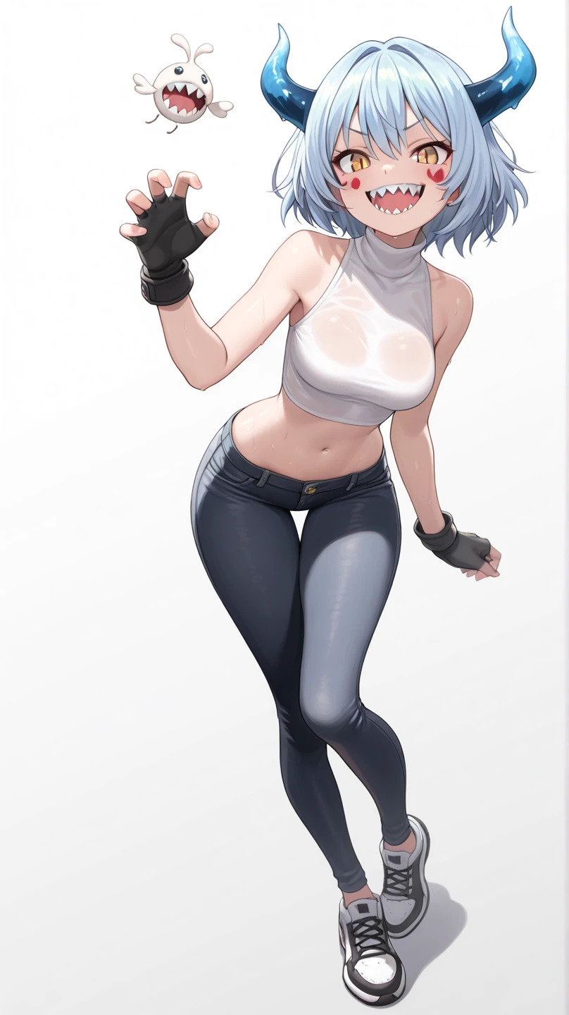 A beautiful woman, beautiful, good, big breast, short navy blue hair, orange eye, pink lip, wearing a black bra, showing her navel, and light gray pants, brown shoes, black gloves.