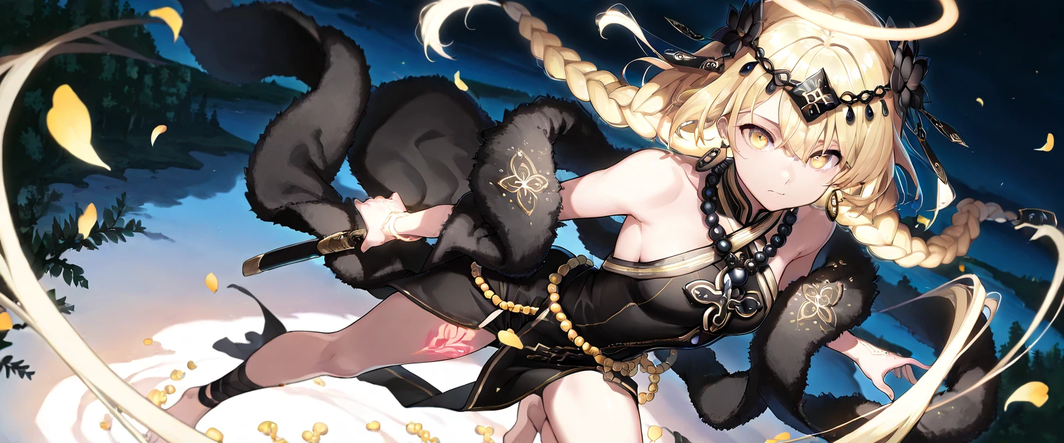 big butt, big breasts, high, yellow hair, black kimono, Nipples, vagina, masterpiece, Great quality, correct anatomy, correct body proportions, one woman, lies, spread her legs