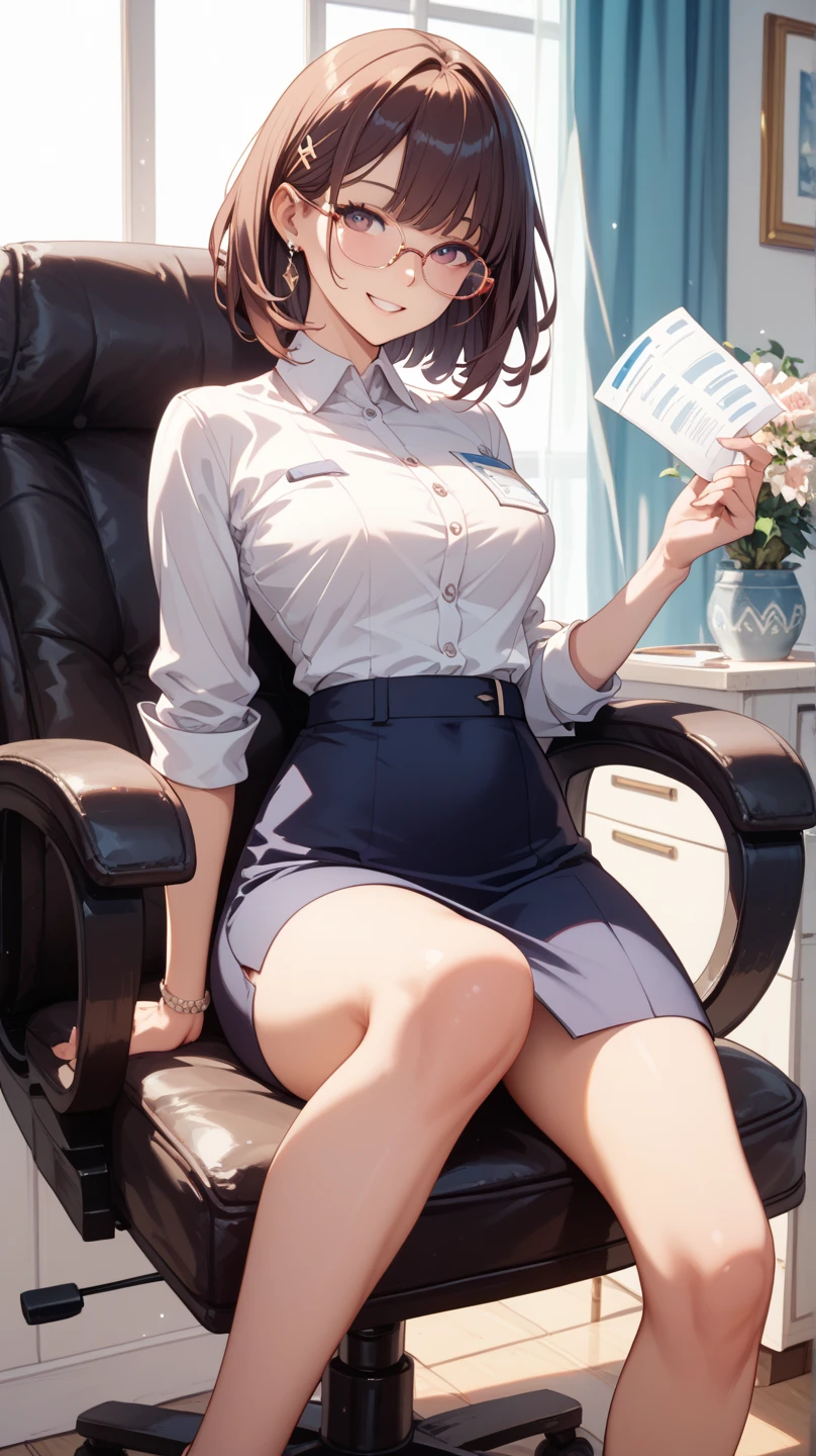 (Modern office indoors), 1 Female ((alone)), (Brown eyes), (Black medium hair), bangs, (Office Casual Pencil Skirt Green), (White shirt), (ID card), A gentle blushing smile, (Masterpiece Top quality:1.2), Delicate illustrations, High resolution, Super detailed, Large Breasts, (Black Stockings), (Sitting)