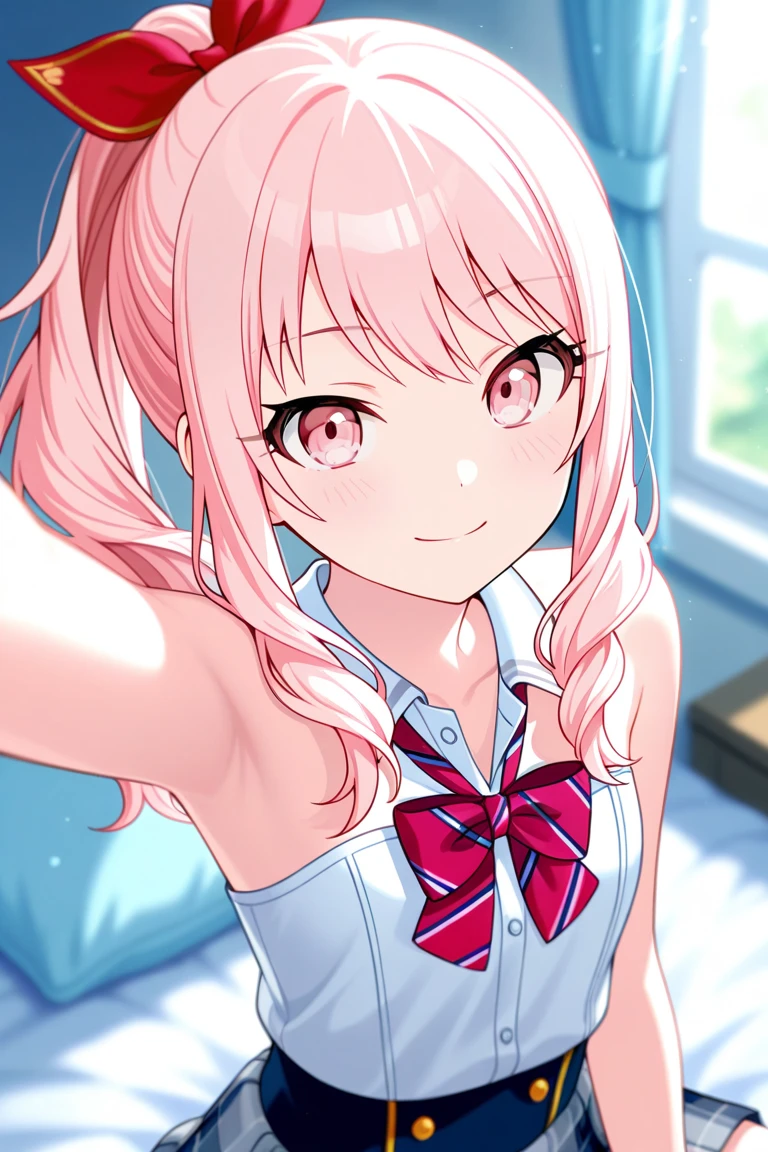 together, sucubo, chica demonio, pelo rosa, intense pink hair color, ojos azules, labios enormes, pelo ponytails, pechos grandes, Figura de reloj de arena, (cintura estrecha), confianza, superioridad, malcriada, muslos gruesos, cardigan, de pie, en el infierno, bow tie, pendientes, comercio, tema rosa, sweater, diafragma, falda plisada, sonrisa, sonrisa malvada, medio plano, pov dinero, ((pov desde abajo)), punto de vista bajo, beso, kiss, kisscam, pov kiss