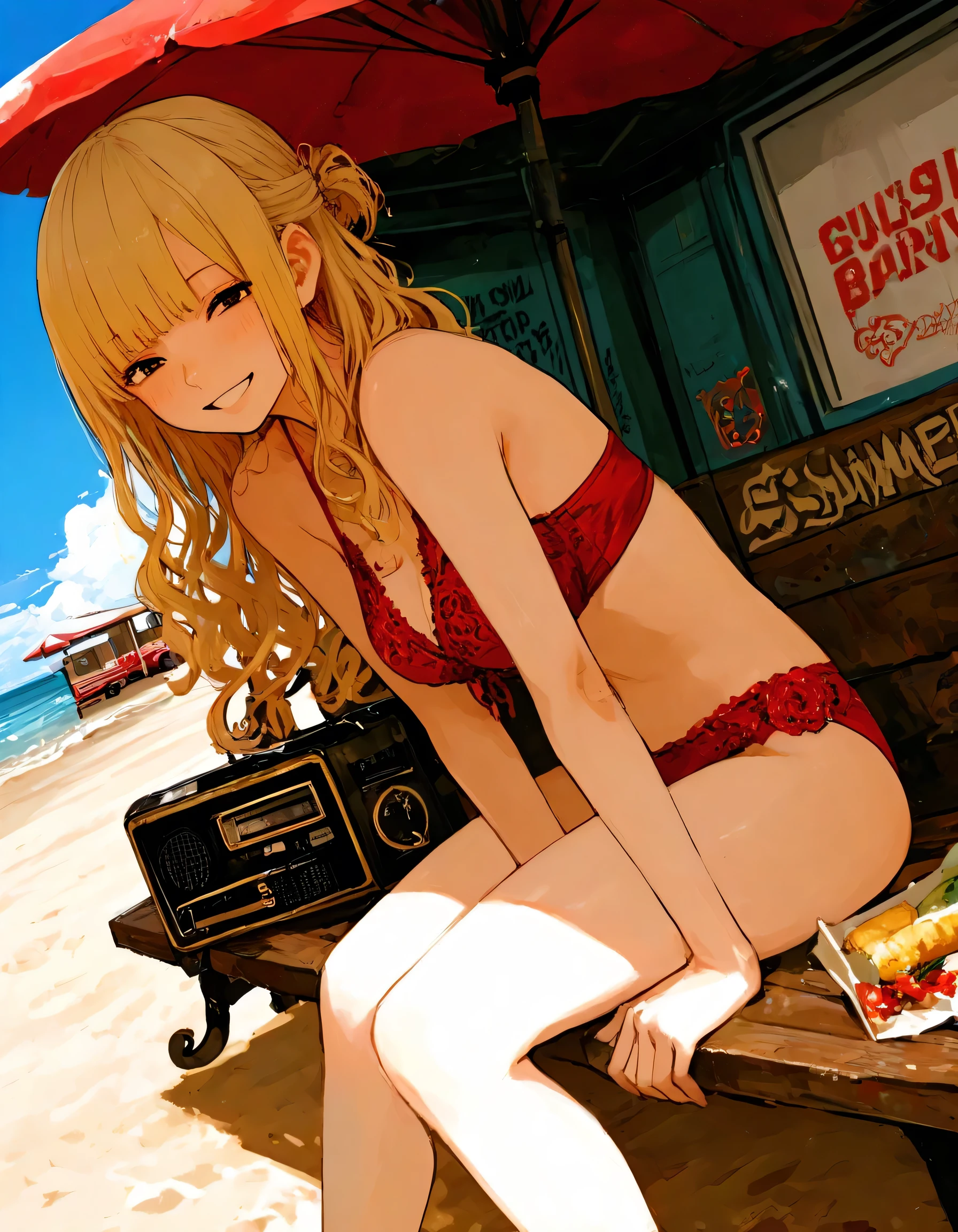 1girl, kitagawa marin, sono bisque doll wa koi wo suru, bikini, beach, beach parasol, ready drink in one hand, sweat, crowd, closed mouth, sexy pose, key visual, highly detailed, looking at viewer, full body, masterpiece, best quality, very aesthetic, absurdres