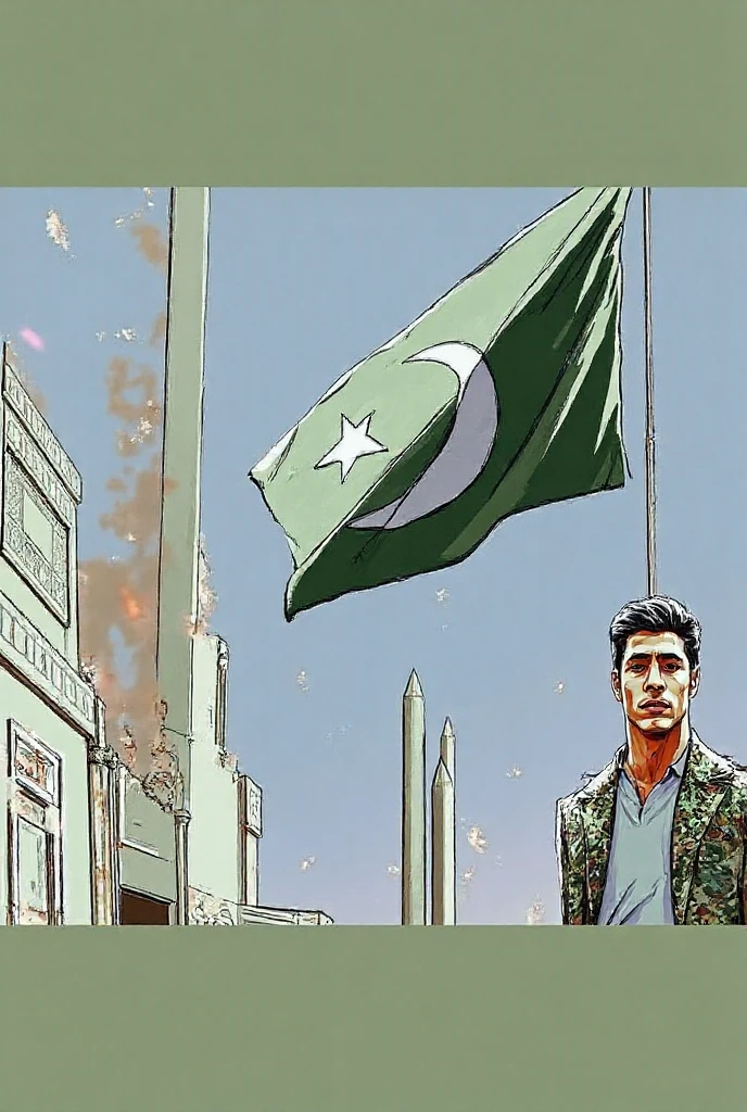 A anime man.
He is also (muslim).
His face was turned to the left and he was giving a killer look.
Her face is covered with a scarf.
His hair wase long and was touching his face. (He was holding a big Islamic green flag in one hand ) and (the ending point of that flag was on the right).The boy looked angry,
there was a spark of fire in his backgrounds. her face is covered with a scarf.