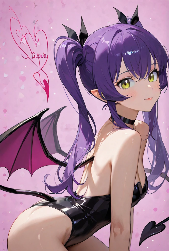 (anime, masterpiece, intricate:1.1), summer aestetic background, comics_darkstalkers_morrigan_aensland, Slender hips, slim stomach, thin waist, sexy posing, back view, medium teardrop-shaped breasts, slim body, violet hair, violet eyes, skimpy black dress, black garter stockings, very short mini skirt, lingerie, heart shaped earrings, girly decorations, solo, flowers, modest smile, bright red lipstick, painted nails (red)