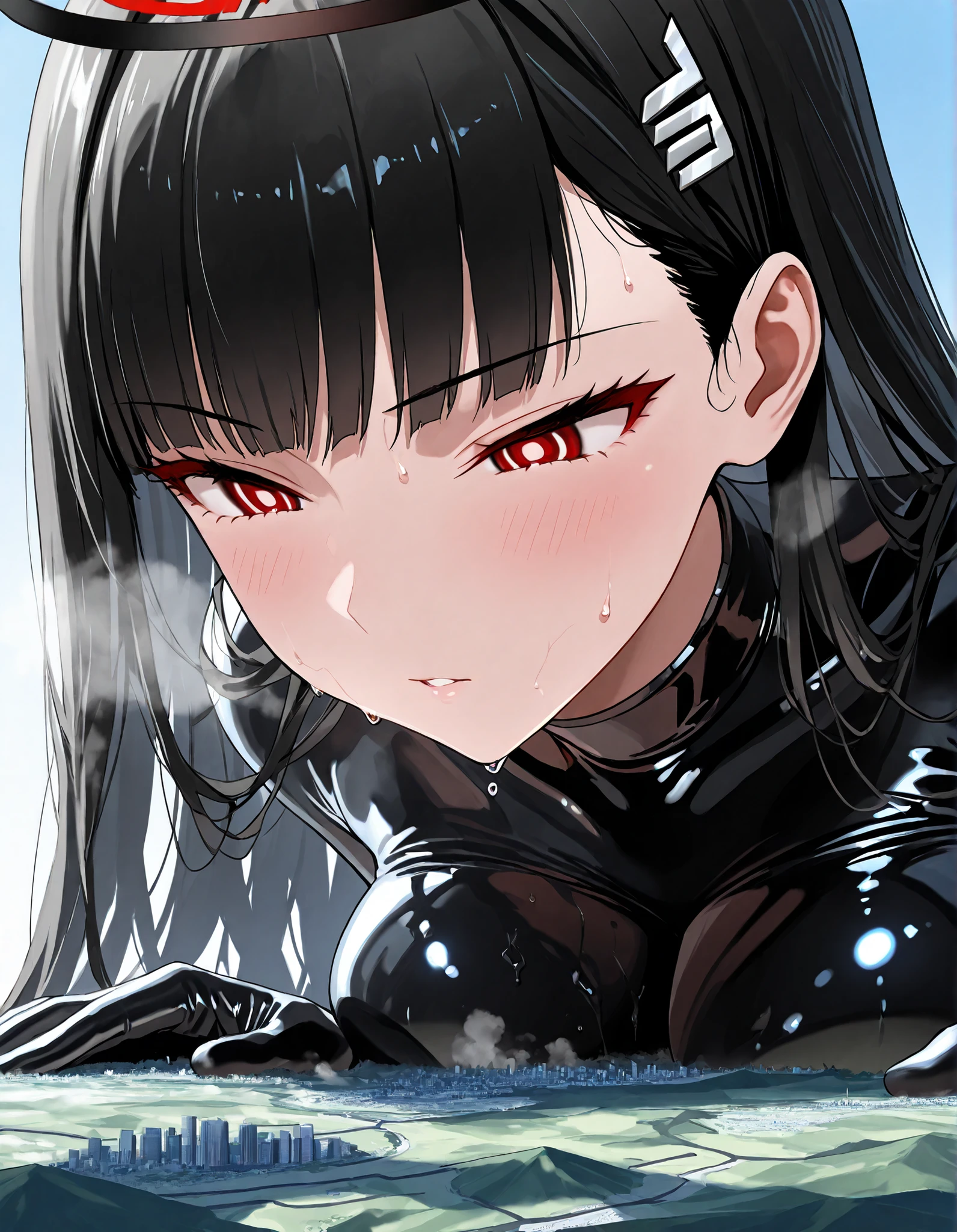 (masterpiece, Highest quality, Ultra-high resolution), 1girl, rio, black hair, red eyes, hair ornament, hairclip, halo, long hair, long hair, (black latex bodysuit), cyber bodysuit, sweat, steamy, glossy skin , shiny skin , glistening skin, Macro, Giantess, Landscape, Aerial Perspective, cool backlight, close up, focus on face,