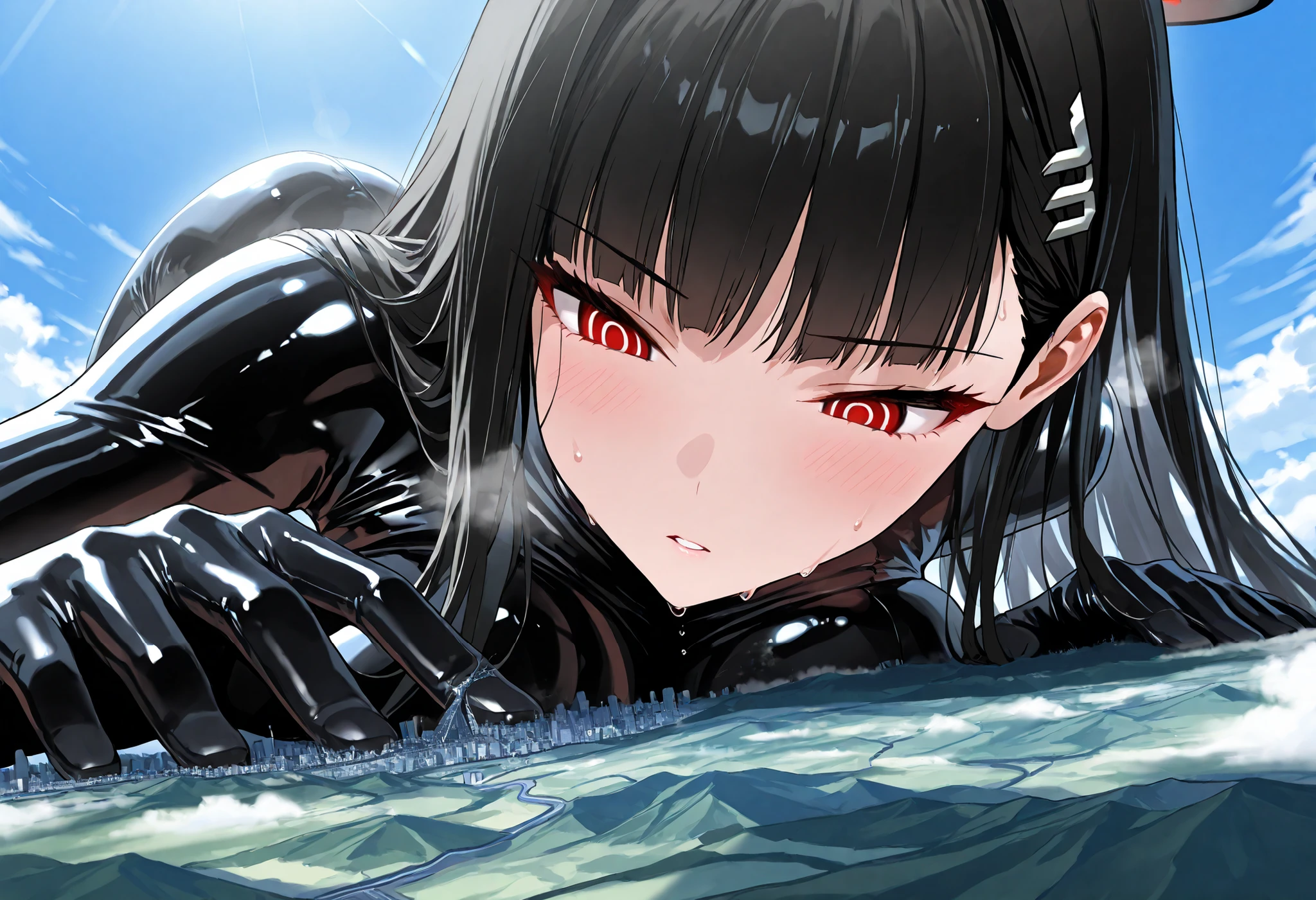 
(masterpiece, Highest quality, Ultra-high resolution), 1girl, rio, black hair, red eyes, hair ornament, hairclip, halo, long hair, long hair, (black latex bodysuit), cyber bodysuit, sweat, steamy, glossy skin , shiny skin , glistening skin, Macro, Giantess, Landscape, Aerial Perspective, cool backlight, close up, focus on face, 