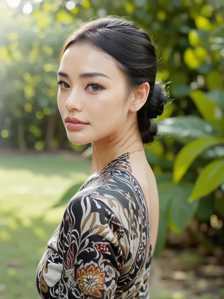 RAW, Best quality, high resolution, Masterpiece: 1.3, Beautiful brunette. Best quality, high resolution. Realistic, detailed and complete body. there is a woman standing in front of a bush with flowers, portrait of a woman in her 40s, she is wearing a black blouse, portrait image, profile image, robust adult woman portrait, female portrait with flower, back photo, 8k. She is around 35 years old, a woman in good physical condition. Masterpiece, best quality, (best quality), realistic lighting, 8k.