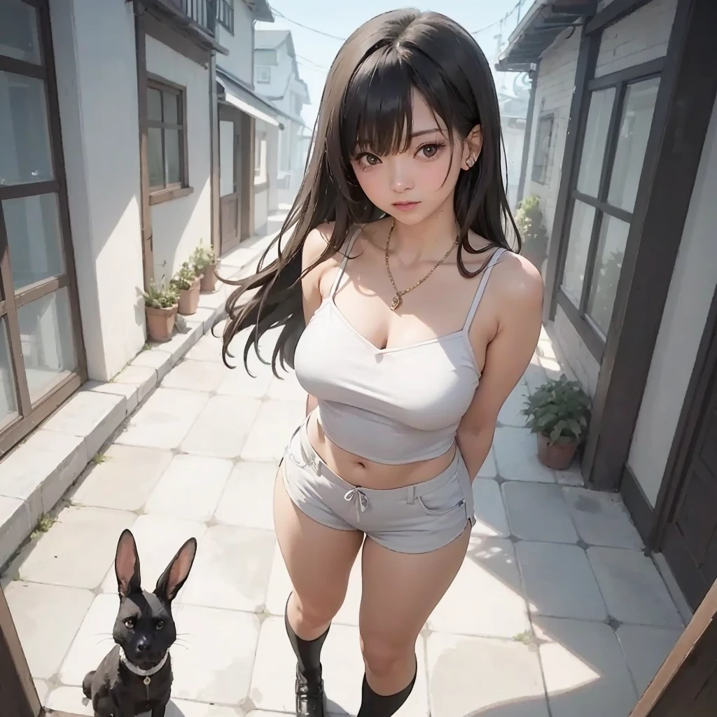 ((16K)),((masterpiece:1.3)), ((Highest quality)), ((Ultra-high resolution)), (Super detailed), (Realistic, photoRealistic:1.4), Perfect lighting,((sidelit)), Depth of written boundary, Surrealism,photo shoot, No makeup, Film Grain, chromatic aberration, Sharp focus, Face Light,((Beautiful detailed hair)),((Beautiful eyelashes)), Beautifully detailed face, Beautiful fine details, Beautiful clavicle, Beautiful body, thin脚,Beautiful breasts, Beautiful feet, Beautiful Hands, Cleavage,Pointed Chest, thin, 1 girl, Perfect Face, Long eyelashes,Perfect Anatomy, Supermodel with a long neck,22 years old,((Skinny1.3)),looking at the camera,(Perfect Anatomy,Anatomically correct, Highly detailed skin), Shiny skin,((beautiful girl:1.1)),(( large breasts:1.4)),((Two Side Up Hairstyle)),(Mid-length hair:1.4, Wavy Hair:1.2, Black Hair) ,((See-through bangs:1.2)),Dainty facial structure,((A happy smile:1.4)),((retro pink intricate delicate Lace High-cut Monokini:1.2)), (denim shorts:1.2)),(navel:1.3)), choker, knee boots,((bracelet)), ((Holding a cat:1.3)), ((Create a beautiful Italian sky。In the background、A row of historic buildingake sure the colorful facades are visible。The narrow cobblestone streets are lined with terraced cafes and restaurants.、Locals々or tourists relaxing.。The windows of the building are decorated with flowers.、Highlighting Italy's charming and quaint townscapes、Create a scene that conveys its beauty and vibrancy.)),((wide shot:1.5)),ass pov,((cat:1.3)),