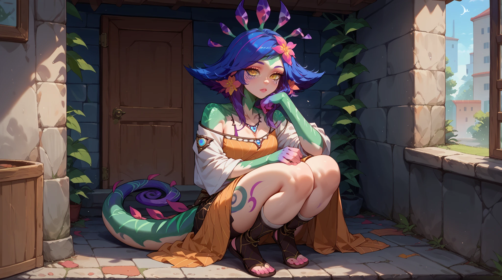 character strictly with two legs, ((masterpiece)), ((best quality)), ((ultra detailed)), delicate, (ultra realistic), 16k wallpaper, ((extremely detailed)), ((american shot)), variety of poses, ((no bra)), (tits exposed), ((1girl)), angelic face, very young, short, glass eyes, purple eyes, oily lip, extremely long hair, fluttering in the wind, ((anatomically shaped legs correct) ), ((anatomically correct hands)), perfect hands, (five fingers), (detailed face), (perfect butt), (perfect face), (perfect body), extremely, ((small breasts)), has a loving gaze, an expression of longing, intricate flower hair ornaments, (black choker, detailed gold and diamond pendant), ((heels tall)), A huge antique clock, gears, pendulums, antique numbers on the floor, antique porcelain vases, dried flowers in jars, rows of antique wine bottles, antique furniture. fine porcelain, small decorative figures, antique painted paintings, a huge pet dragon